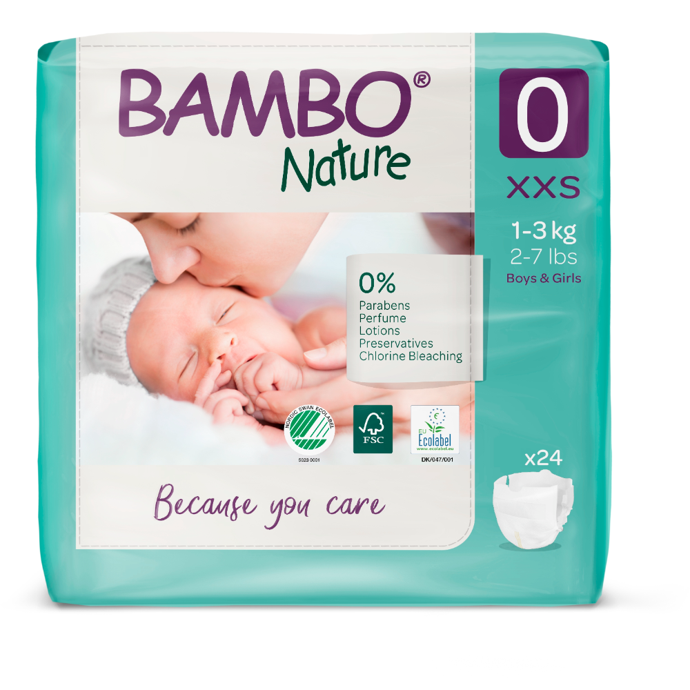 Bambo Nature Premium Baby Tape Diapers for Premature Babies, XXS Size (1-3 Kgs) - Super Absorbent, Breathable, Extra Soft, Dermatologically Tested, Hypoallergenic Nappies With Wetness Indicator, 24 Count
