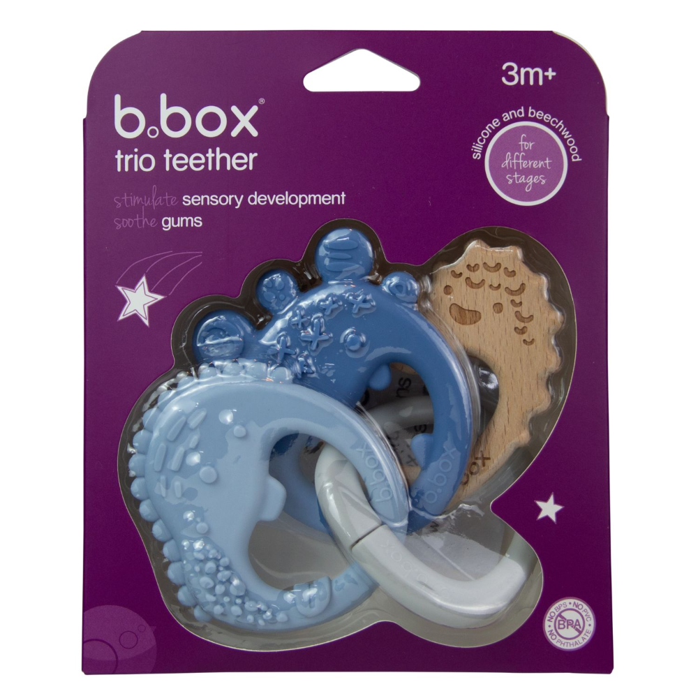 B.Box Trio Teether - Three Stage Teething Relief for Front, Middle & Back Gums - Antibacterial Beechwood & Silicone
