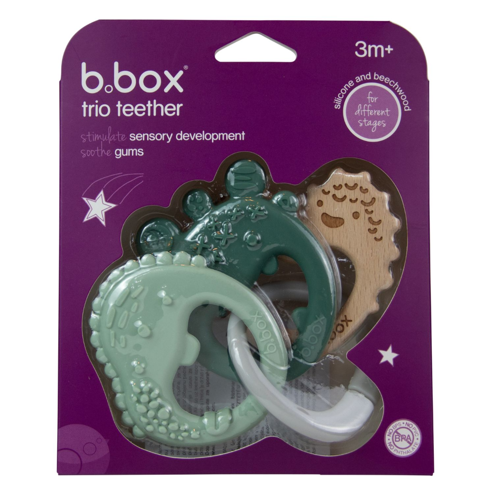 B.Box Trio Teether - Three Stage Teething Relief for Front, Middle & Back Gums - Antibacterial Beechwood & Silicone