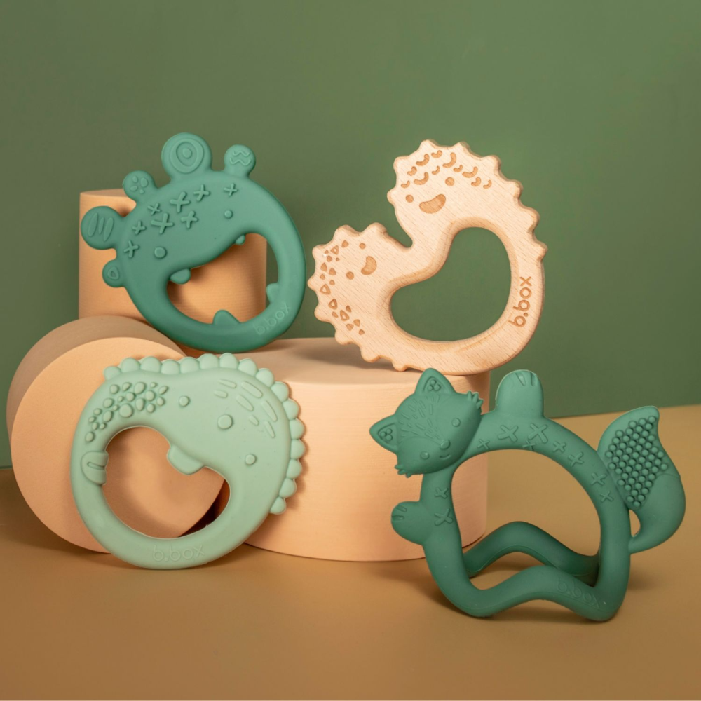 B.Box Trio Teether - Three Stage Teething Relief for Front, Middle & Back Gums - Antibacterial Beechwood & Silicone