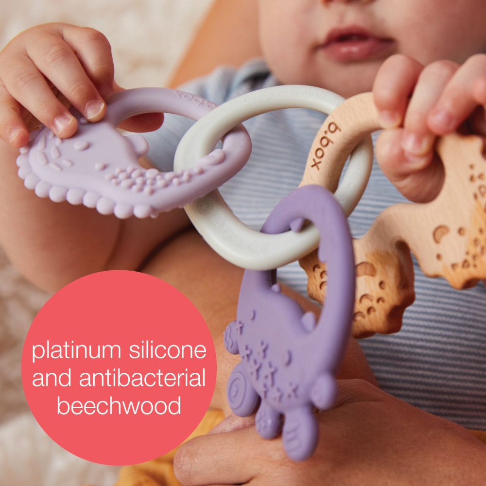 B.Box Trio Teether - Three Stage Teething Relief for Front, Middle & Back Gums - Antibacterial Beechwood & Silicone