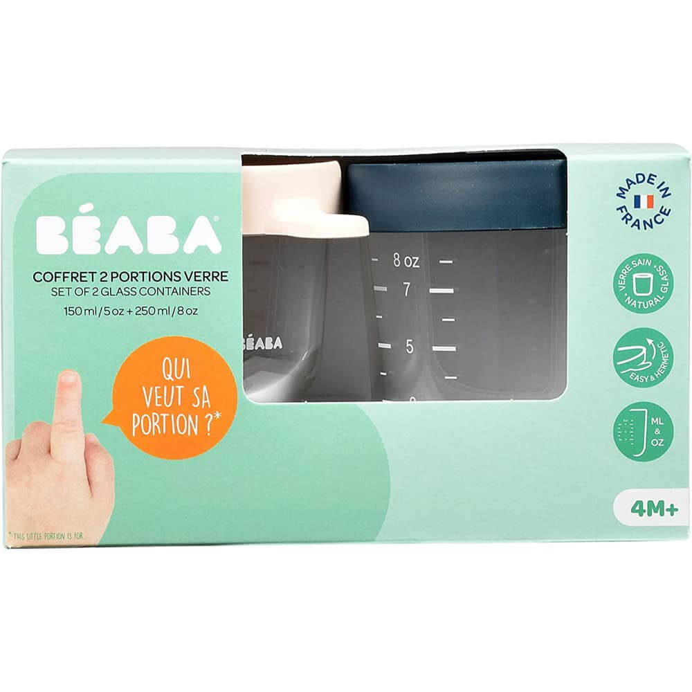Beaba Glass Storage Jar - Airtight Container for Storing Baby Snacks and Meals with Graduation Measuring Scale, Heat, Freeze, Sterilization and Microwave Safe,  Set of 2, 150ML & 250ML