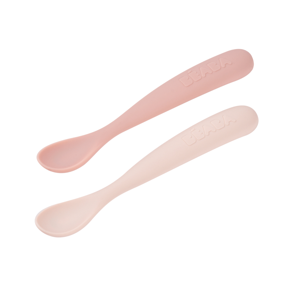 Beaba 1st Stage Soft Silicone Spoon - Set of 2, Baby Led Weaning Self Feeding Training Spoon with Ultra Soft Tip, Gum Friendly, Ergonomic Handles, Easy to clean, BPA Free, 4m+