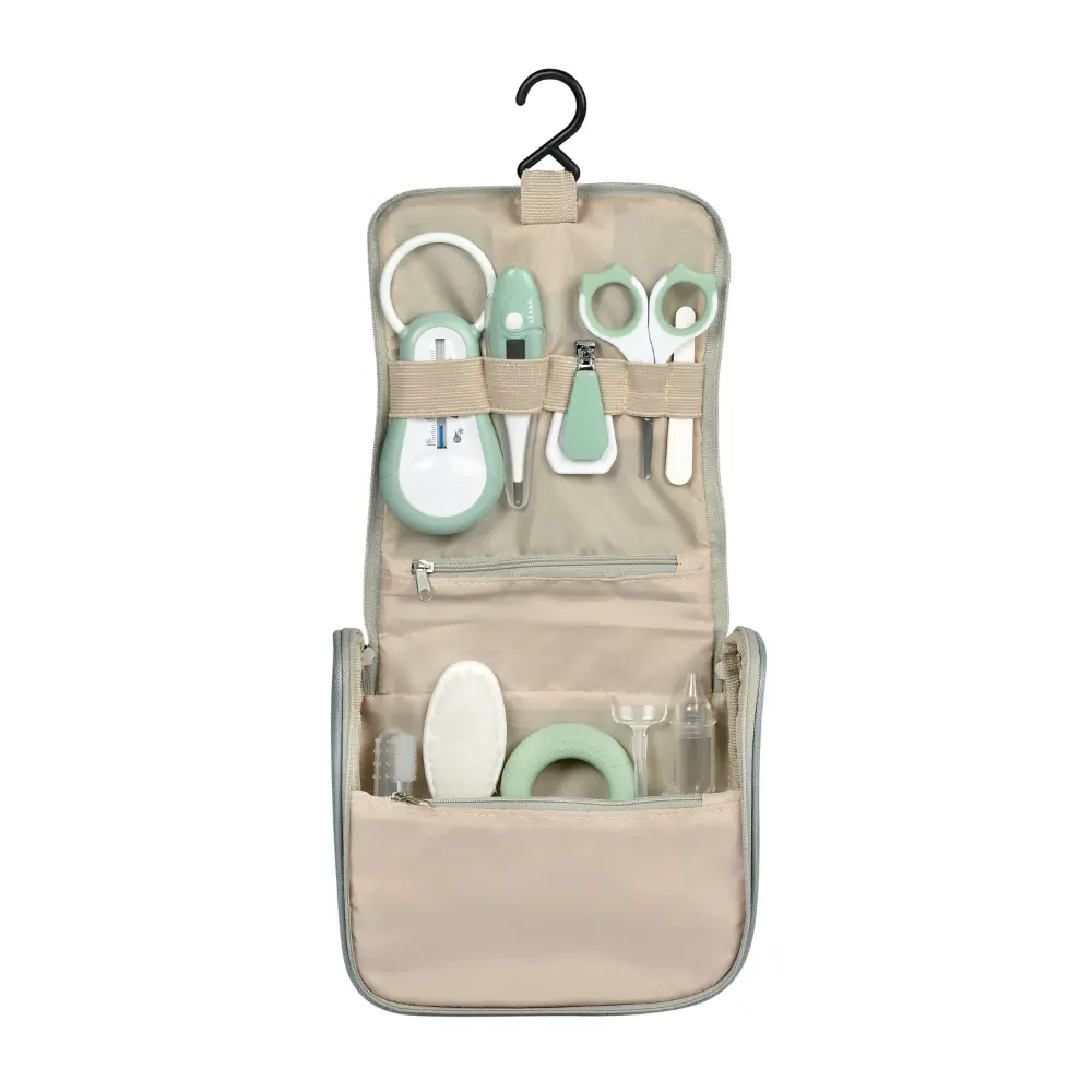Beaba 9 Baby Toiletry & Grooming Essentials, Includes Thermometer, Hairbrush, Nail Clippers, Nasal Aspirator, Gum Massaging Toothbrush, Teether Baby Scissors, Bath Thermometer, Nail File, and Multi-Compartment Travel Pouch