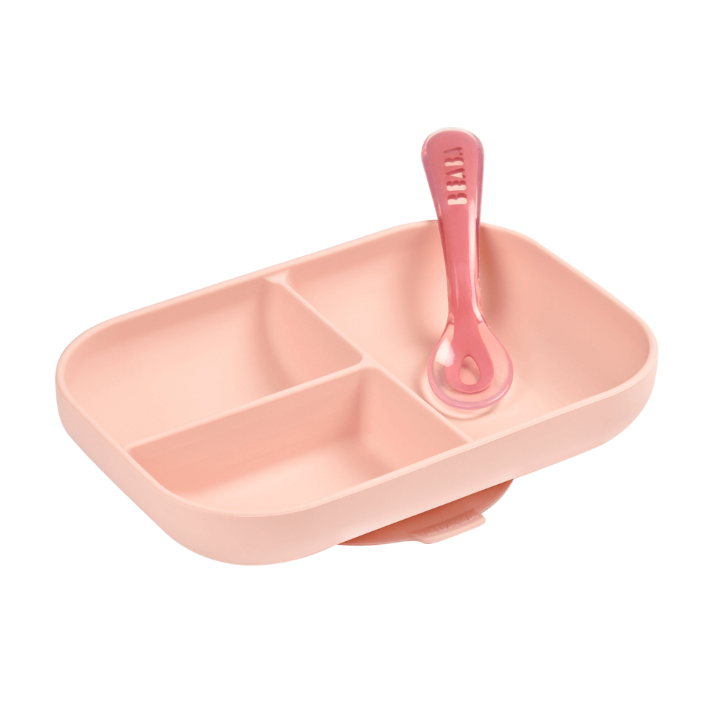 Beaba Silicone 2 Piece Meal Set – Suction Divided Plate & 2nd Stage Silicone Spoon, Non-Slip, Unbreakable, Easy to Clean, BPA-Free Baby Feeding Set for Mess-Free Mealtime Essentials, 4M+