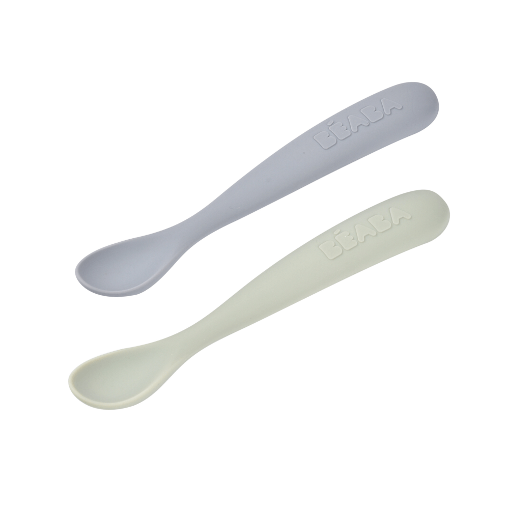 Beaba 1st Stage Soft Silicone Spoon - Set of 2, Baby Led Weaning Self Feeding Training Spoon with Ultra Soft Tip, Gum Friendly, Ergonomic Handles, Easy to clean, BPA Free, 4m+