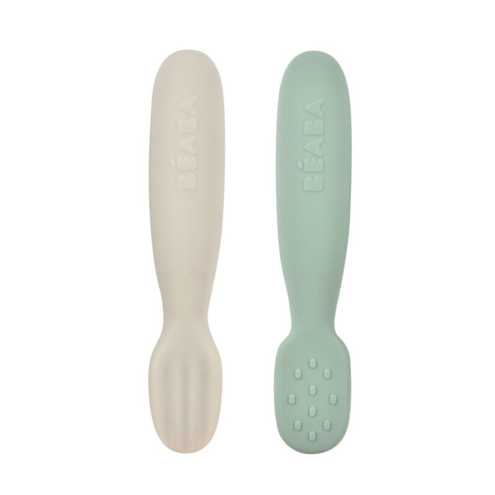 Beaba Set of 2 Silicone Pre-Feeding Spoons for Baby and Infants - Textured Tip + Flat Tip, Gentle on Gums, Short and Round Ergonomic Handle, Soft Food Grade Silicone, 4m+