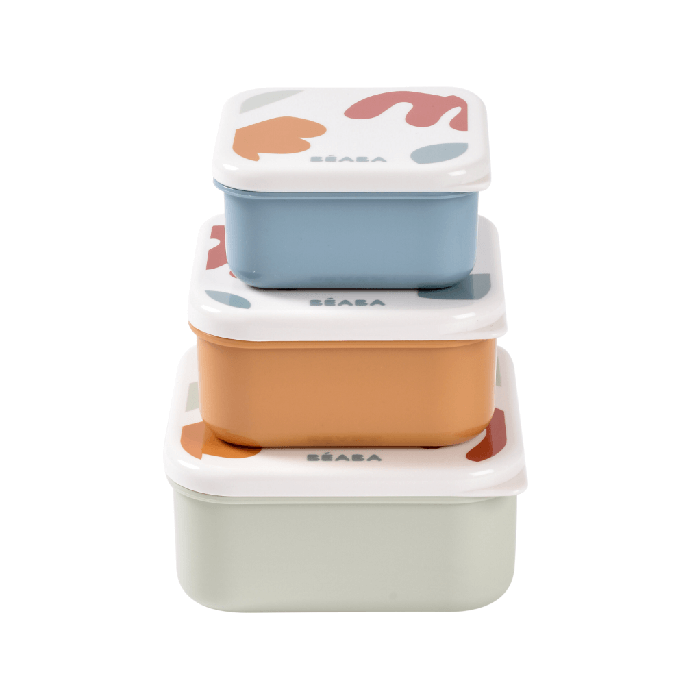 Beaba Snack Box - Easy-to-Open Lids, Stackable, Lightweight, Leak-Resistant, Ideal for Kids Lunches & Snacks Containers and Microwave Safe, Travel Friendly, Set of 3, (500ml, 350ml, 230ml), Multicolor