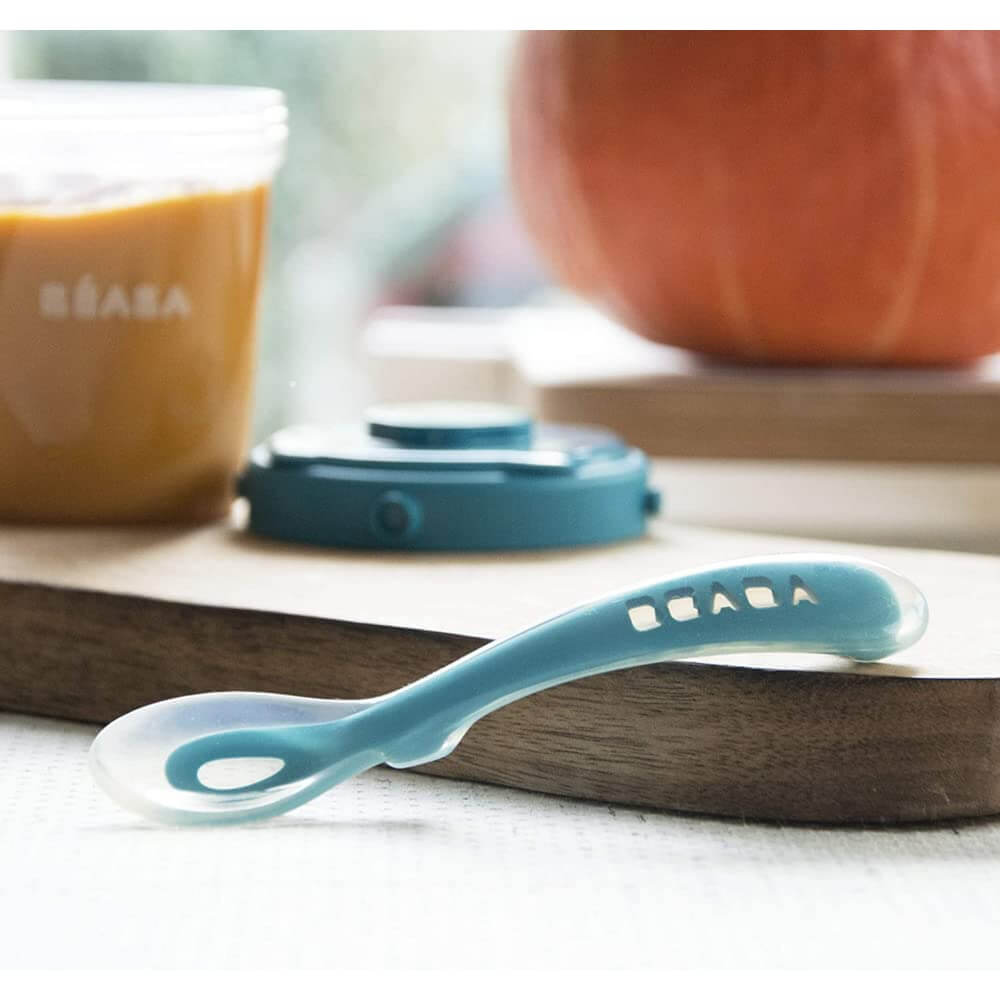 Beaba 2nd Stage Silicone Spoon - Baby Led Weaning Self Feeding Training Spoon with Ultra Soft Tip, Gum Friendly, Ergonomic Handles, BPA Free, 8m+