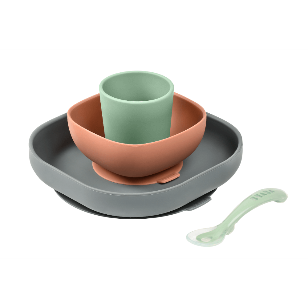 Beaba Silicone 4 Piece Baby Meal Set – Suction Plate, Suction Bowl, Anti-Slip Cup & 2nd Stage Spoon, Non-Slip, Unbreakable, Easy to Clean, BPA-Free Baby Feeding Set for Mess-Free Mealtime Essentials, 4M+