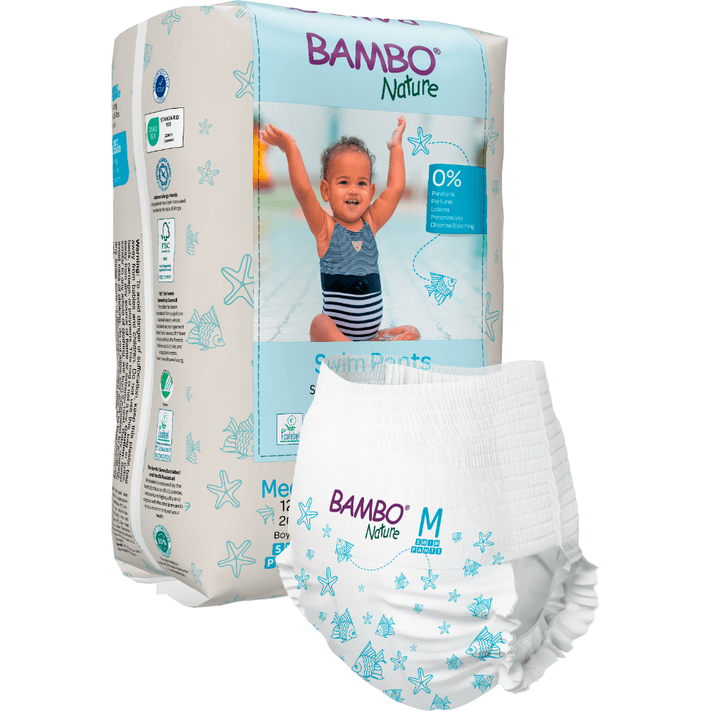 Bambo Nature Premium Disposable Swim Diaper Pants - Double Leak Barriers, Soft 360° Elastic Fit, Chemical Free & Leakproof Pool Diapers For Babies, Waterproof Toddler Swimming Swimsuit, Kids 12+ kg, 12 Count