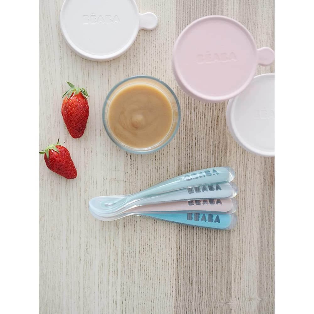 Beaba 1st Stage Silicone Spoon - Set of 4, Baby Led Weaning Self Feeding Training Spoon with Ultra Soft Tip, Gum Friendly, Ergonomic Handles, BPA Free, 4m+