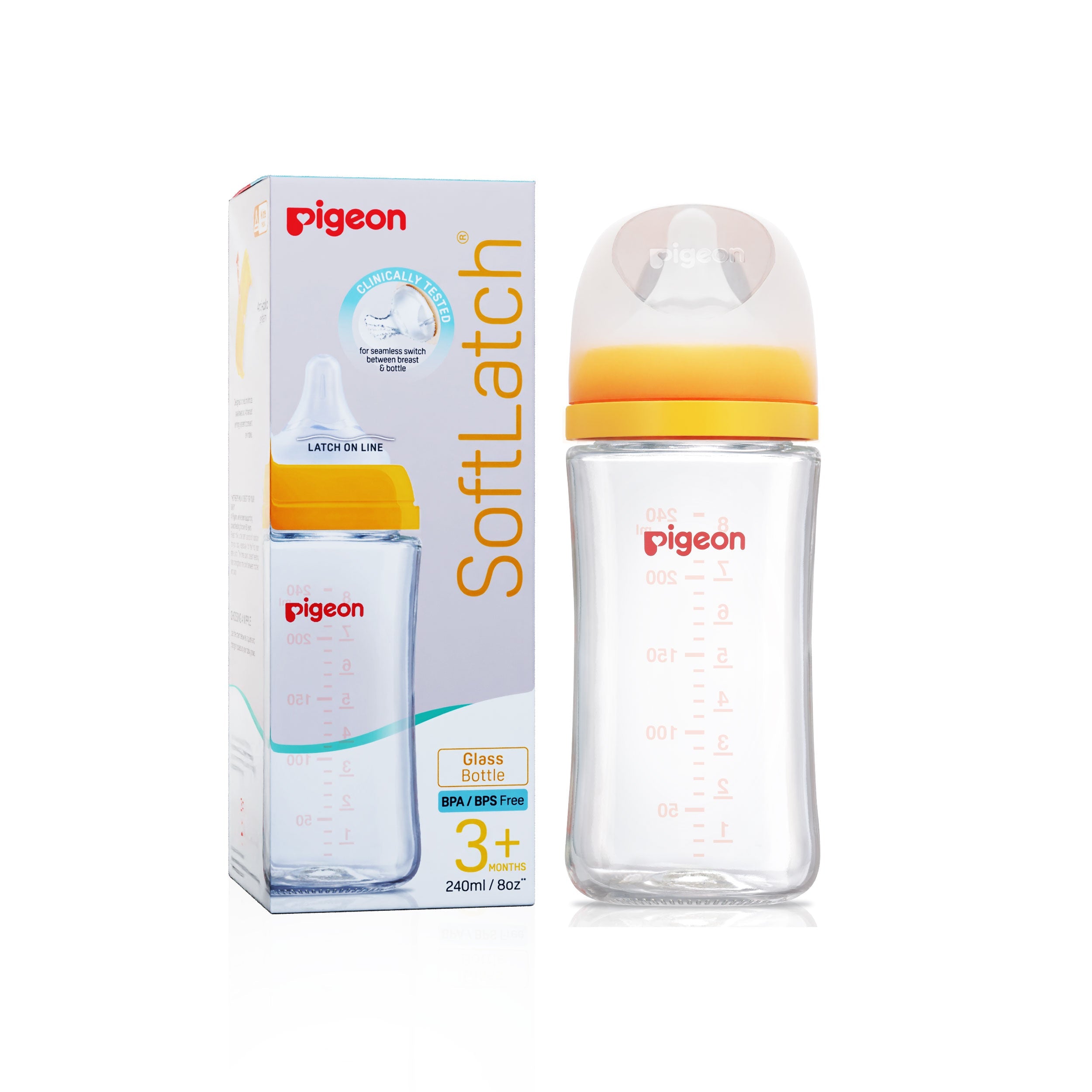 Glass Nursing Bottle with Softlatch Nipple 240ml