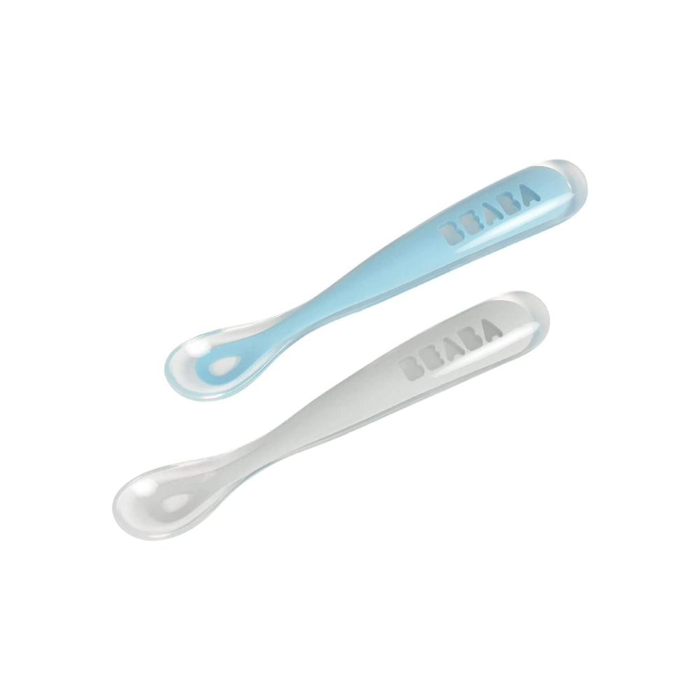 Beaba 1st Stage Silicone Spoon - Set of 2, Baby Led Weaning Self Feeding Training Spoon with Ultra Soft Tip, Gum Friendly, Ergonomic Handles, BPA Free, 4m+