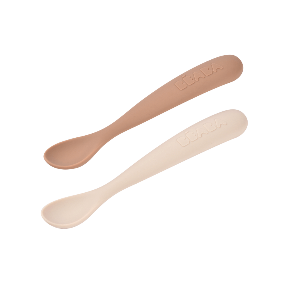 Beaba 1st Stage Soft Silicone Spoon - Set of 2, Baby Led Weaning Self Feeding Training Spoon with Ultra Soft Tip, Gum Friendly, Ergonomic Handles, Easy to clean, BPA Free, 4m+