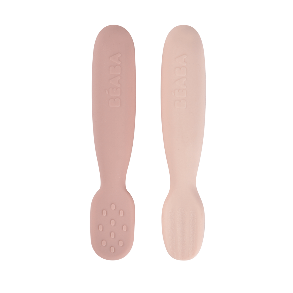 Beaba Set of 2 Silicone Pre-Feeding Spoons for Baby and Infants - Textured Tip + Flat Tip, Gentle on Gums, Short and Round Ergonomic Handle, Soft Food Grade Silicone, 4m+