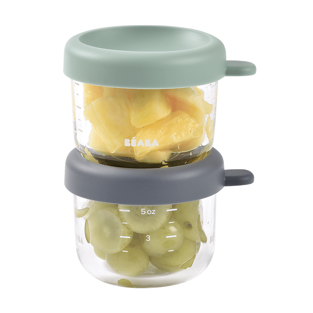 Beaba Glass Storage Jar - Airtight Container for Storing Baby Snacks and Meals with Graduation Measuring Scale, Heat, Freeze, Sterilization and Microwave Safe, 150ML, Set of 2, Sage Green & Mineral
