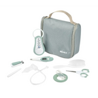 Beaba 9 Baby Toiletry & Grooming Essentials, Includes Thermometer, Hairbrush, Nail Clippers, Nasal Aspirator, Gum Massaging Toothbrush, Teether Baby Sciss, Bath Thermometer, Nail File, and Multi-Compartment Travel Pouch