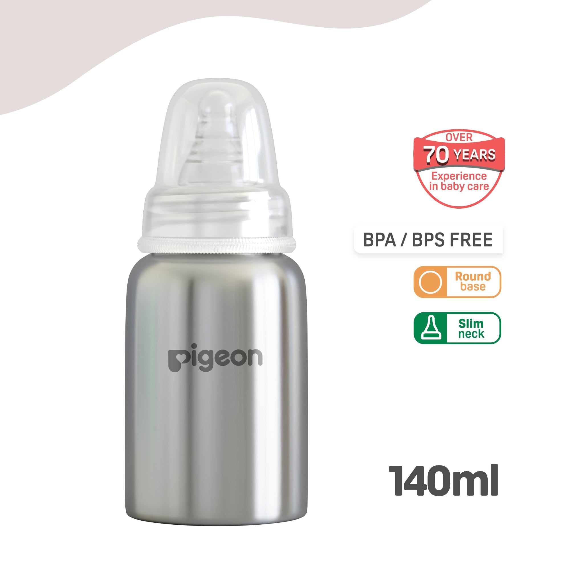 Pigeon Slim Neck steel bottle 140ml M size with plastic hood & cap (natural)