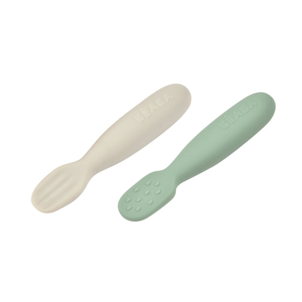 Beaba Set of 2 Silicone Pre-Feeding Spoons for Baby and Infants - Textured Tip + Flat Tip, Gentle on Gums, Short and Round Ergonomic Handle, Soft Food Grade Silicone, 4m+