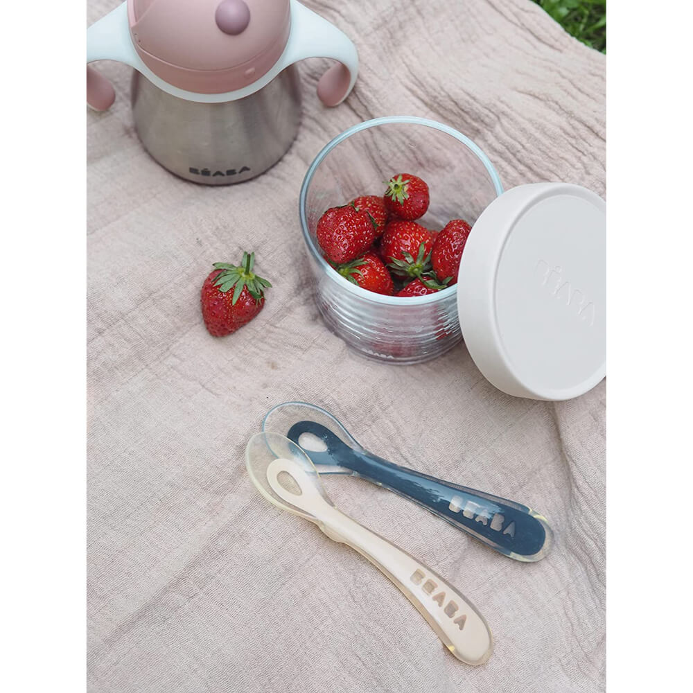 Beaba 2nd Stage Silicone Spoon - Set of 4, Baby Led Weaning Self Feeding Training Spoon with Ultra Soft Tip, Gum Friendly, Ergonomic Handles, BPA Free, 8m+