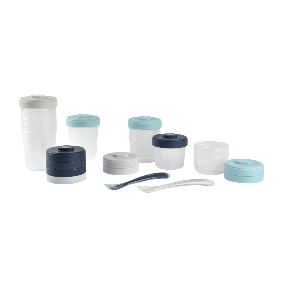 Beaba Expert Food Storage Set - Airtight Interlocking Containers for Baby & Toddler Meals with Graduation Scale, Microwave & Freezer Safe, Set of 14 (2 x 90ML, 4 x 150ML, 6 x 250ML & 2 Spoons)