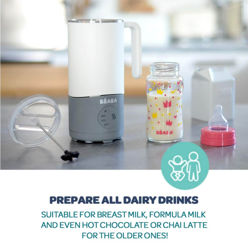 Beaba Milk Prep Bottle and Milk Drink Preparer, Quick Milk Warmer for Formula Breast Milk and Milk Chocolate - Temperature Controlled