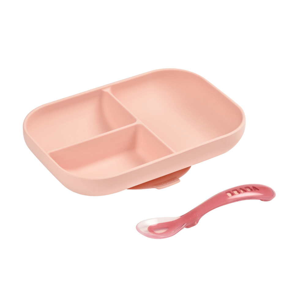 Beaba Silicone 2 Piece Meal Set – Suction Divided Plate & 2nd Stage Silicone Spoon, Non-Slip, Unbreakable, Easy to Clean, BPA-Free Baby Feeding Set for Mess-Free Mealtime Essentials, 4M+