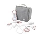 Beaba 9 Baby Toiletry & Grooming Essentials, Includes Thermometer, Hairbrush, Nail Clippers, Nasal Aspirator, Gum Massaging Toothbrush, Teether Baby Sciss, Bath Thermometer, Nail File, and Multi-Compartment Travel Pouch