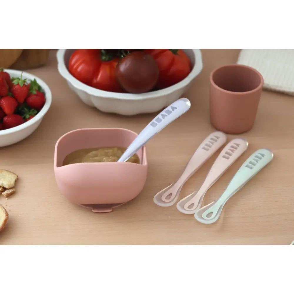 Beaba 1st Stage Silicone Spoon - Set of 4, Baby Led Weaning Self Feeding Training Spoon with Ultra Soft Tip, Gum Friendly, Ergonomic Handles, BPA Free, 4m+