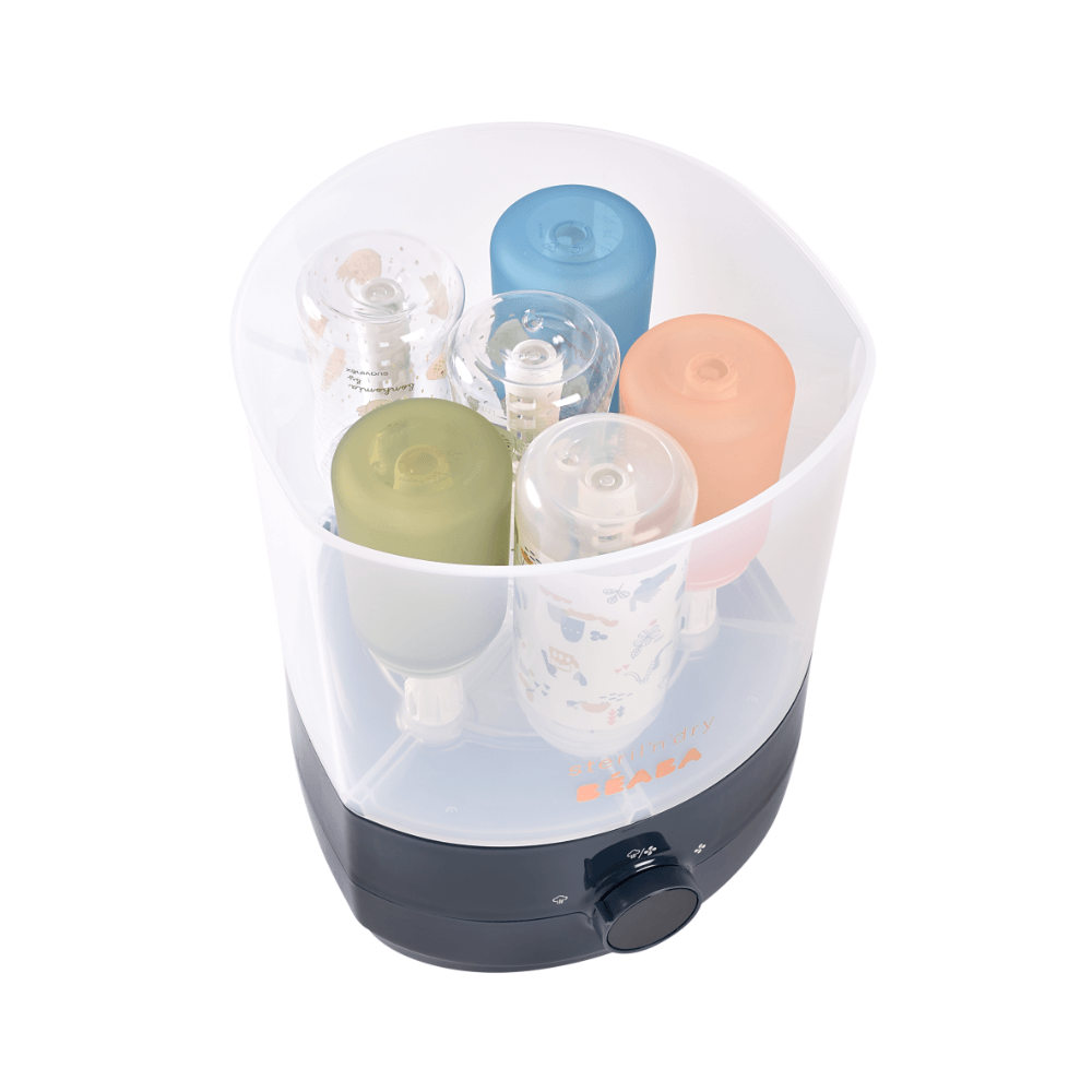 Beaba 2-in-1 Baby Bottle Sterilizer and Dryer, Fast 8-Min Steam Sterilization, Eliminates 99.9% Bacteria, 3 Modes – Sterilize, Dry or Both, Large Capacity for 6 Bottles & Accessories, Night Blue, 0m+