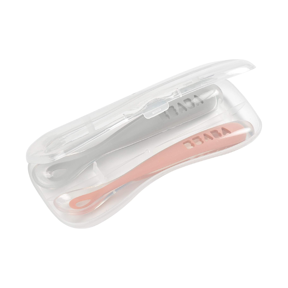 Beaba 1st Stage Silicone Spoon - Set of 2, Baby Led Weaning Self Feeding Training Spoon with Ultra Soft Tip, Gum Friendly, Ergonomic Handles, BPA Free, 4m+