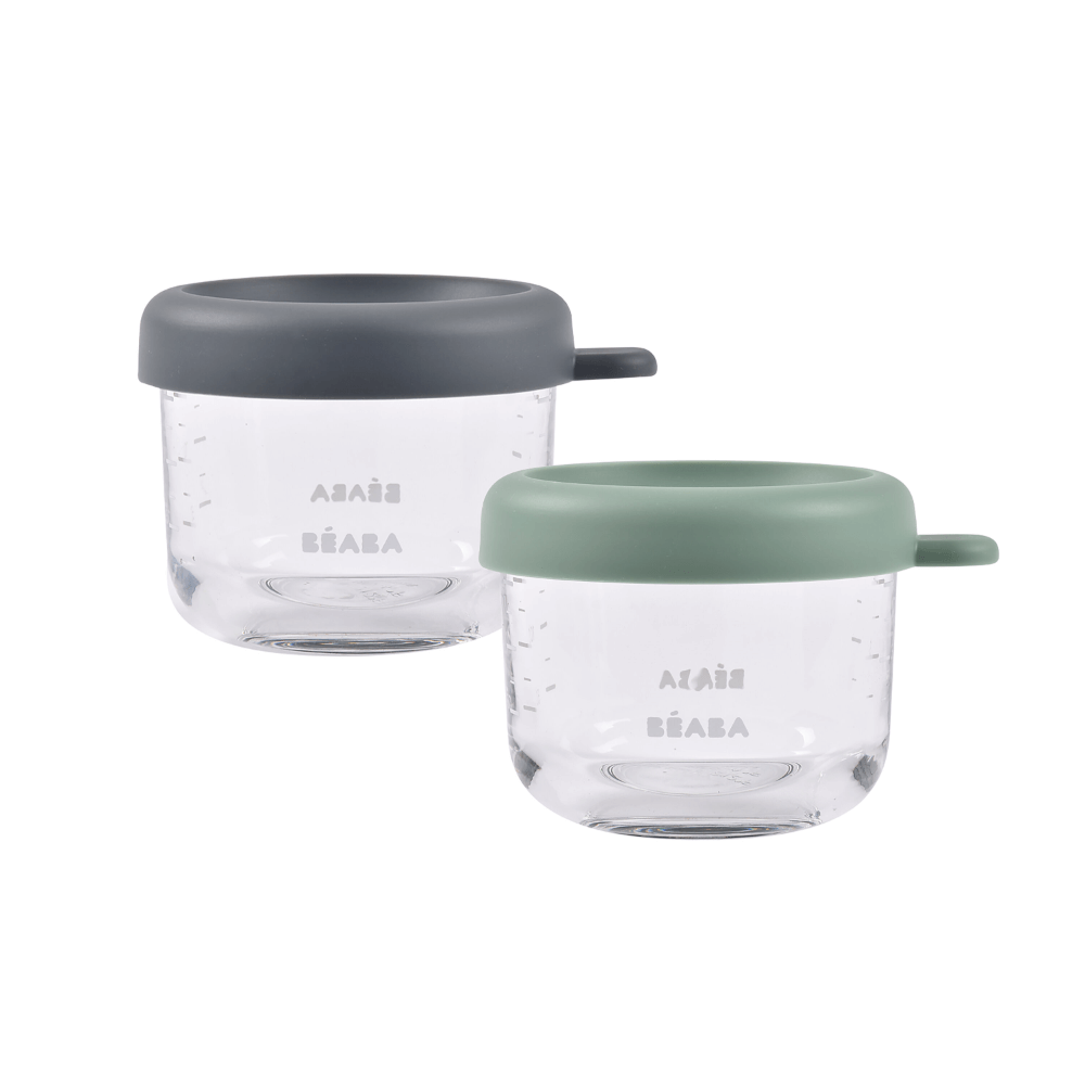Beaba Glass Storage Jar - Airtight Container for Storing Baby Snacks and Meals with Graduation Measuring Scale, Heat, Freeze, Sterilization and Microwave Safe, 150ML, Set of 2, Sage Green & Mineral