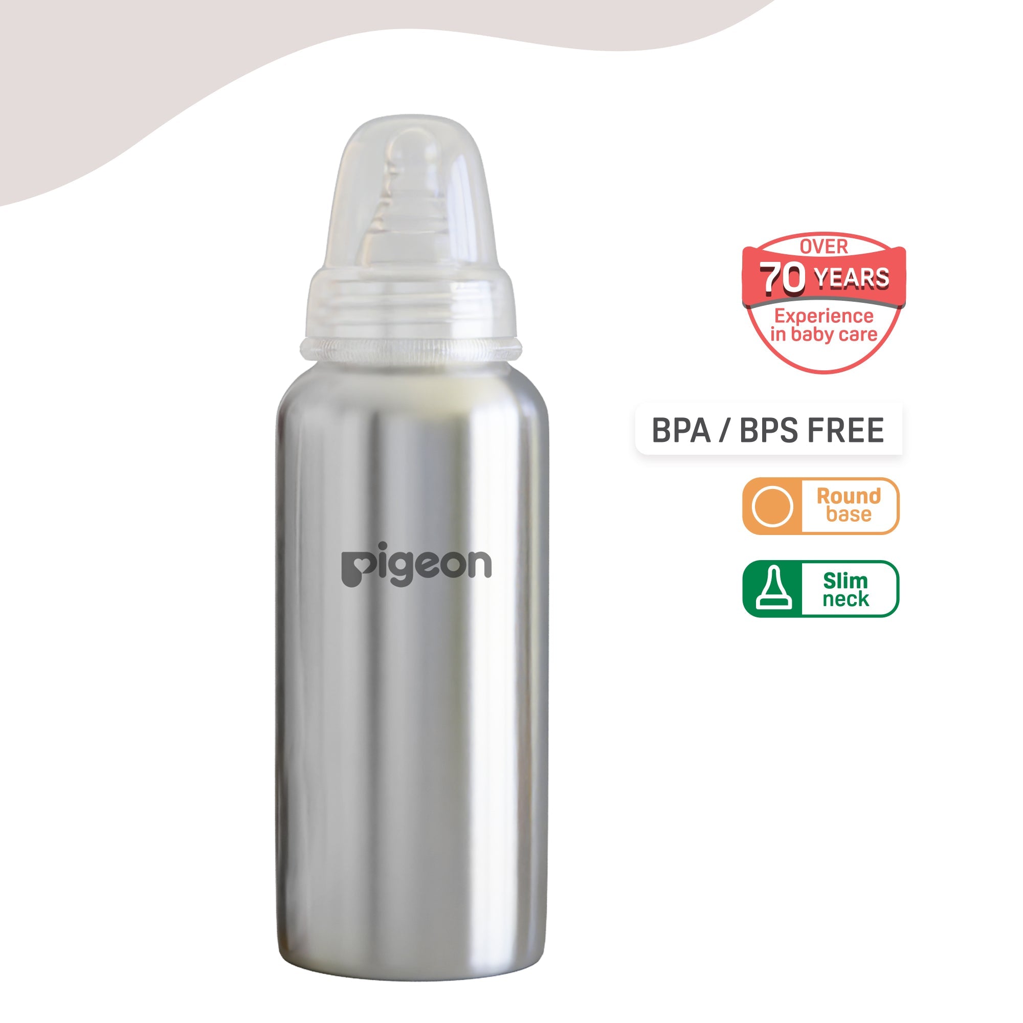 Pigeon Slim Neck Steel bottle 240ml L size with plastic hood & cap (natural)