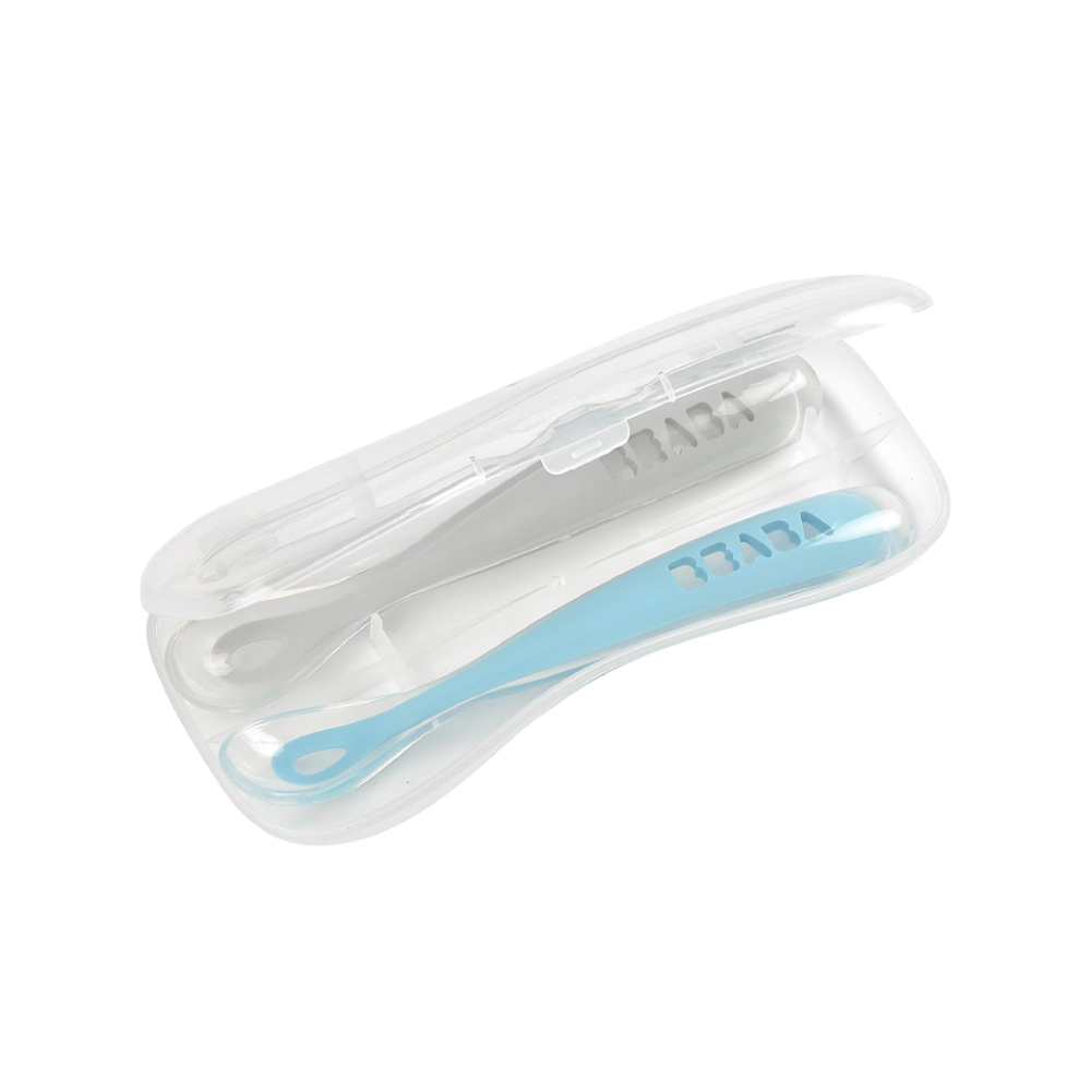 Beaba 1st Stage Silicone Spoon - Set of 2, Baby Led Weaning Self Feeding Training Spoon with Ultra Soft Tip, Gum Friendly, Ergonomic Handles, BPA Free, 4m+