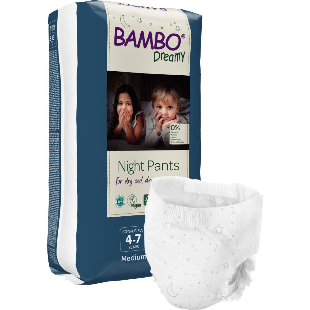 Bambo Nature Premium Dreamy Night Pants - Ultra Flexible Waistband, Ultra Absorbent Core Keeps Child And Bed Dry All Night, Pull Up Diaper, Soft, Breathable, All Round Protection, Kids 4-7, 15-35kg, 10 Count