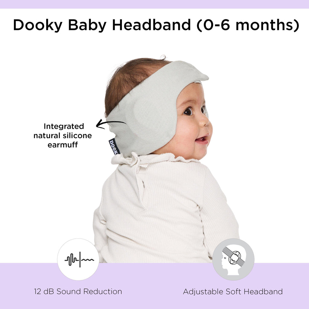 Dooky Infant Ear Protection Headband 0–6 Months , Baby Noise Reduction Band , Soft Comfortable Earmuffs for Travel, Sleep & Loud Sounds (Grey)