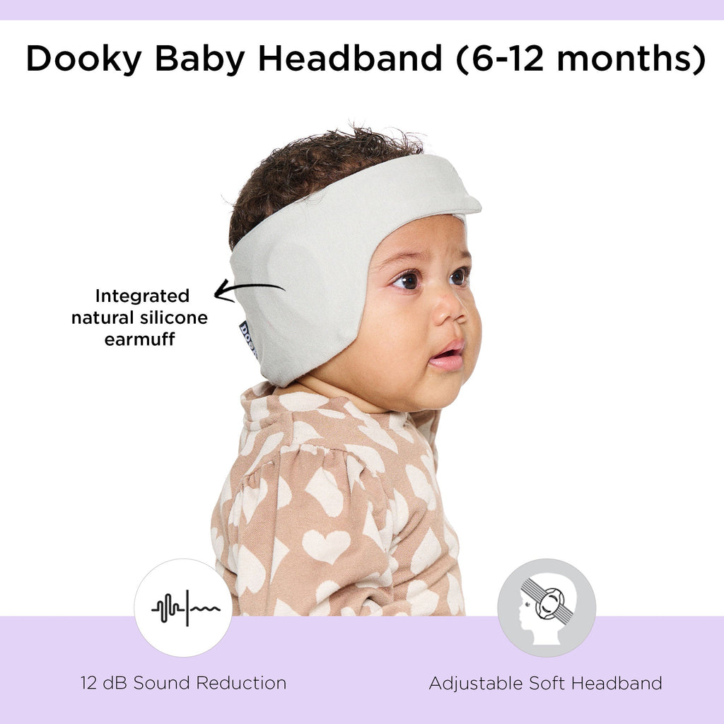 Dooky Infant Ear Protection Headband 6–12 Months , Baby Noise Reduction Band , Soft Comfortable Earmuffs for Travel, Sleep & Loud Sounds (Grey)