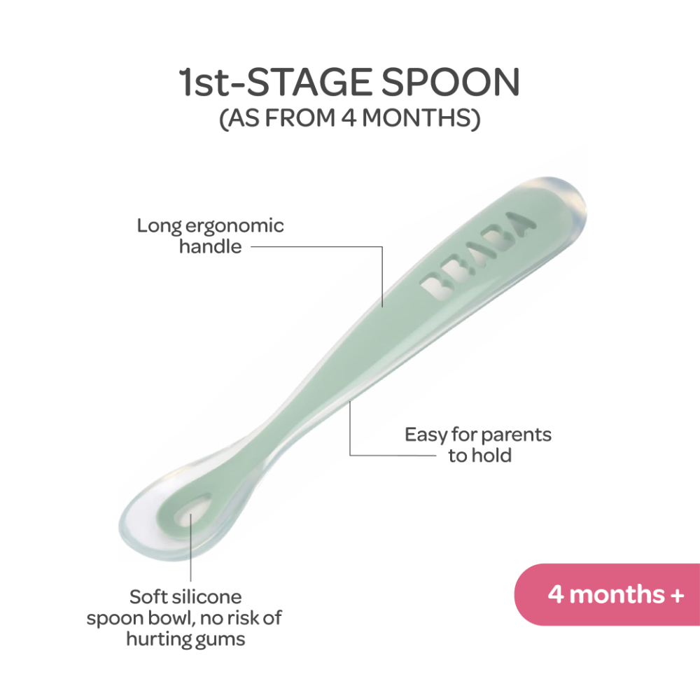 Beaba 1st Stage Silicone Spoon - Set of 2, Baby Led Weaning Self Feeding Training Spoon with Ultra Soft Tip, Gum Friendly, Ergonomic Handles, BPA Free, 4m+