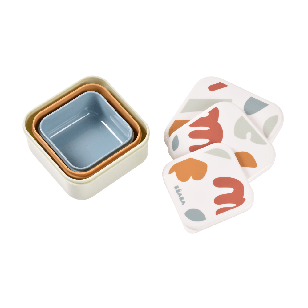 Beaba Snack Box - Easy-to-Open Lids, Stackable, Lightweight, Leak-Resistant, Ideal for Kids Lunches & Snacks Containers and Microwave Safe, Travel Friendly, Set of 3, (500ml, 350ml, 230ml), Multicolor