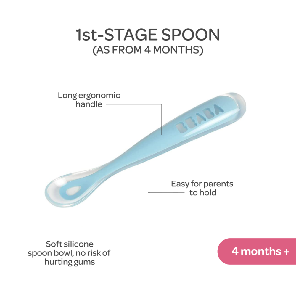 Beaba 1st Stage Silicone Spoon - Set of 2, Baby Led Weaning Self Feeding Training Spoon with Ultra Soft Tip, Gum Friendly, Ergonomic Handles, BPA Free, 4m+