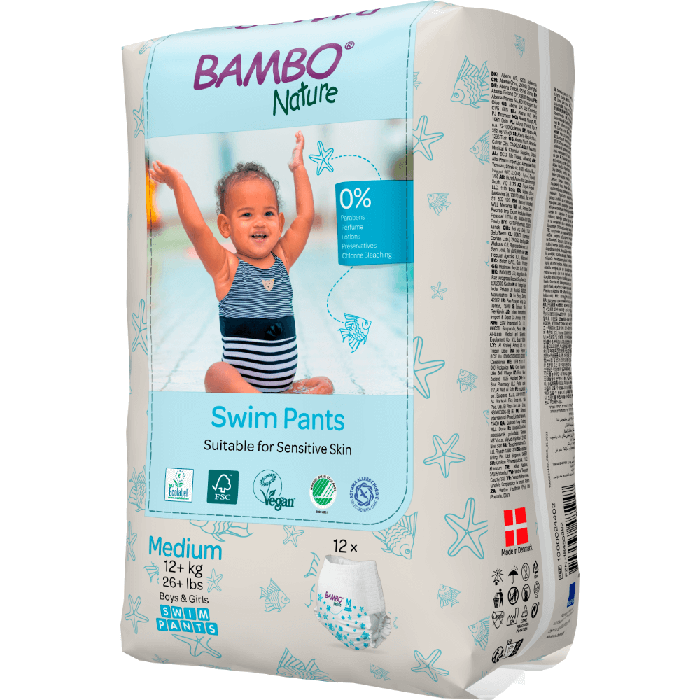 Bambo Nature Premium Disposable Swim Diaper Pants - Double Leak Barriers, Soft 360° Elastic Fit, Chemical Free & Leakproof Pool Diapers For Babies, Waterproof Toddler Swimming Swimsuit, Kids 12+ kg, 12 Count