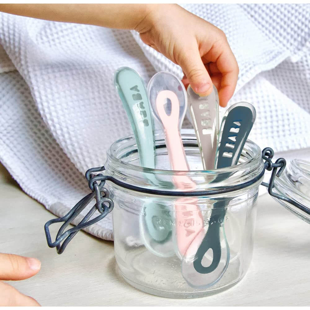 Beaba 2nd Stage Silicone Spoon - Set of 4, Baby Led Weaning Self Feeding Training Spoon with Ultra Soft Tip, Gum Friendly, Ergonomic Handles, BPA Free, 8m+