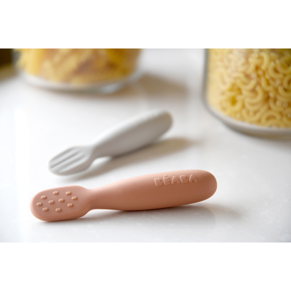 Beaba Set of 2 Silicone Pre-Feeding Spoons for Baby and Infants - Textured Tip + Flat Tip, Gentle on Gums, Short and Round Ergonomic Handle, Soft Food Grade Silicone, 4m+