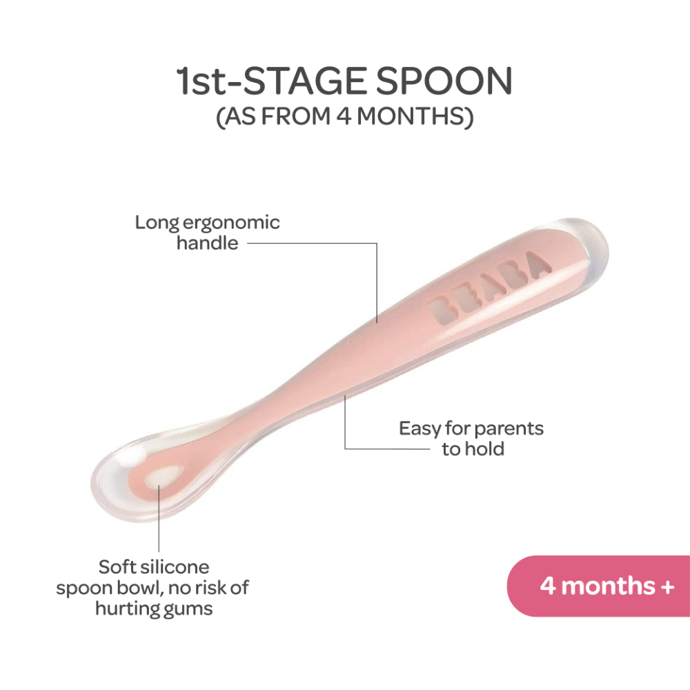 Beaba 1st Stage Silicone Spoon - Set of 2, Baby Led Weaning Self Feeding Training Spoon with Ultra Soft Tip, Gum Friendly, Ergonomic Handles, BPA Free, 4m+