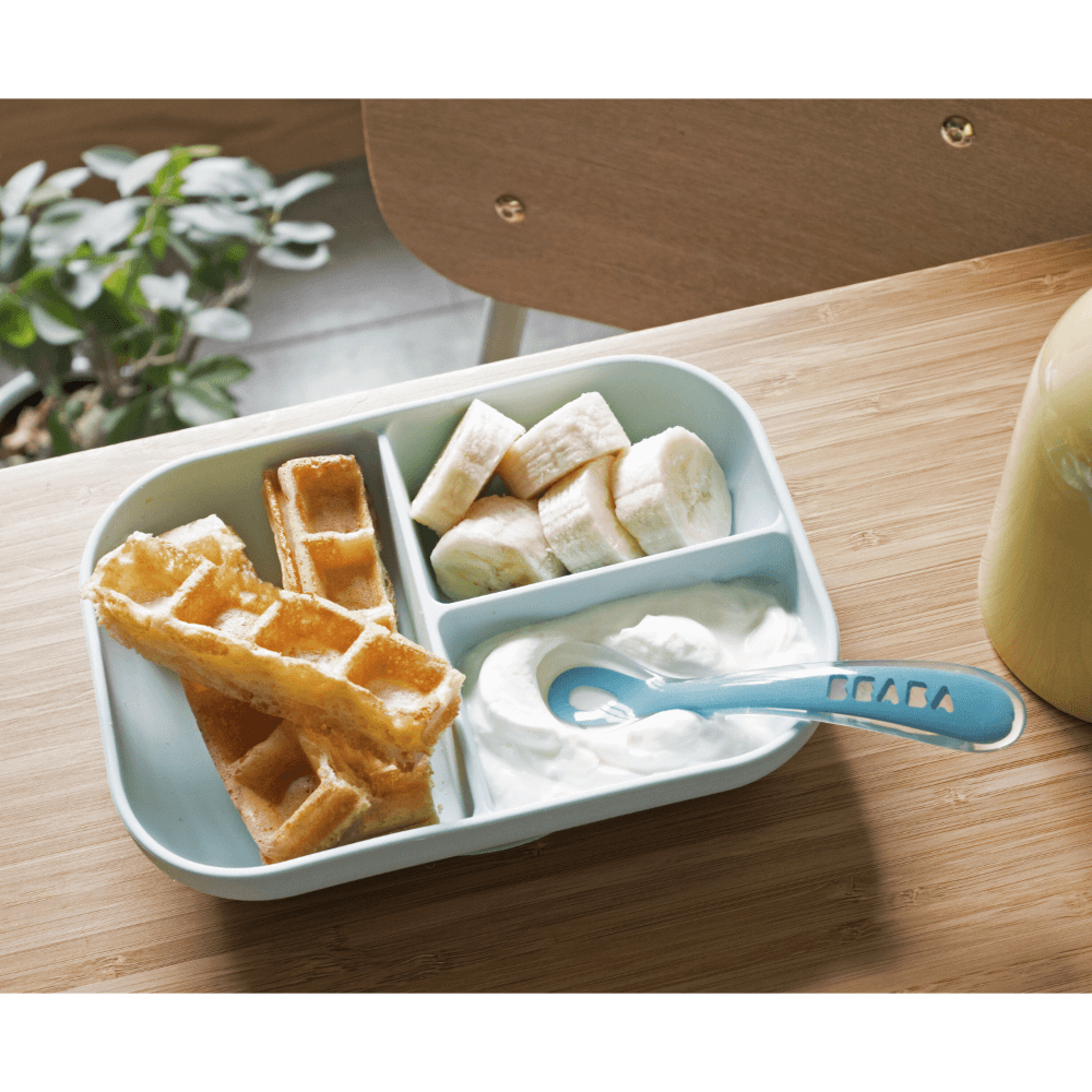 Beaba Silicone 2 Piece Meal Set – Suction Divided Plate & 2nd Stage Silicone Spoon, Non-Slip, Unbreakable, Easy to Clean, BPA-Free Baby Feeding Set for Mess-Free Mealtime Essentials, 4M+
