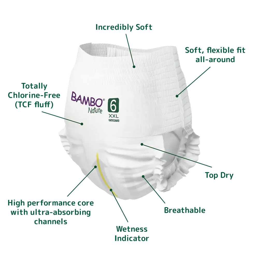 Bambo Nature Premium Baby Pants Diapers for Babies, XXL Size (15+ Kgs), Super Absorbent, Breathable, Extra Soft, Dermatologically Tested, Hypoallergenic Infant Nappies With Wetness Indicator