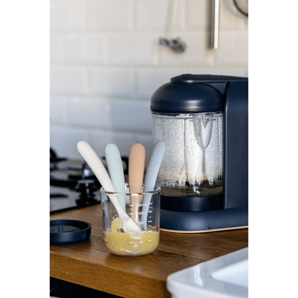 Beaba 1st Stage Silicone Spoon - Set of 4, Baby Led Weaning Self Feeding Training Spoon with Ultra Soft Tip, Gum Friendly, Ergonomic Handles, BPA Free, Natural, 4m+