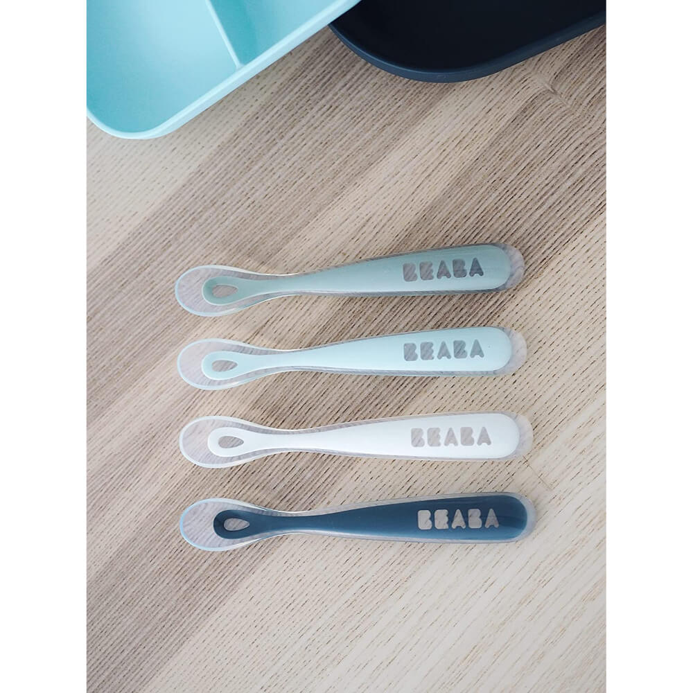 Beaba 1st Stage Silicone Spoon - Set of 4, Baby Led Weaning Self Feeding Training Spoon with Ultra Soft Tip, Gum Friendly, Ergonomic Handles, BPA Free, 4m+