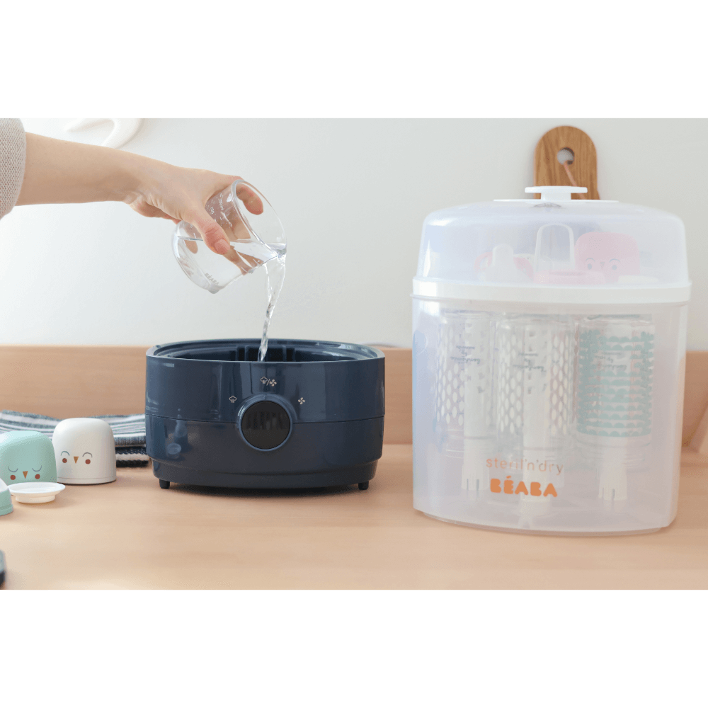 Beaba 2-in-1 Baby Bottle Sterilizer and Dryer, Fast 8-Min Steam Sterilization, Eliminates 99.9% Bacteria, 3 Modes – Sterilize, Dry or Both, Large Capacity for 6 Bottles & Accessories, Night Blue, 0m+